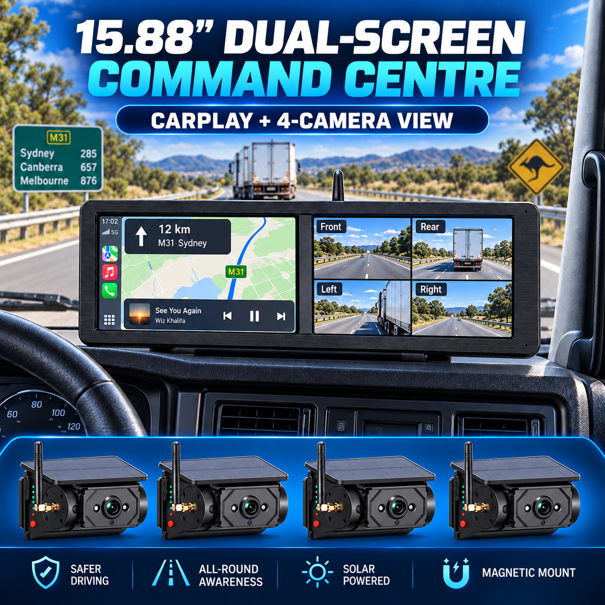 MCNE 15.88-inch dual-screen CarPlay truck camera system showing four camera views