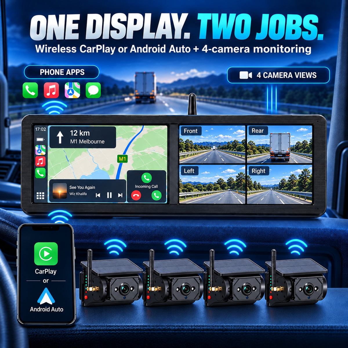 15.88-inch display showing wireless CarPlay and four-camera monitoring together