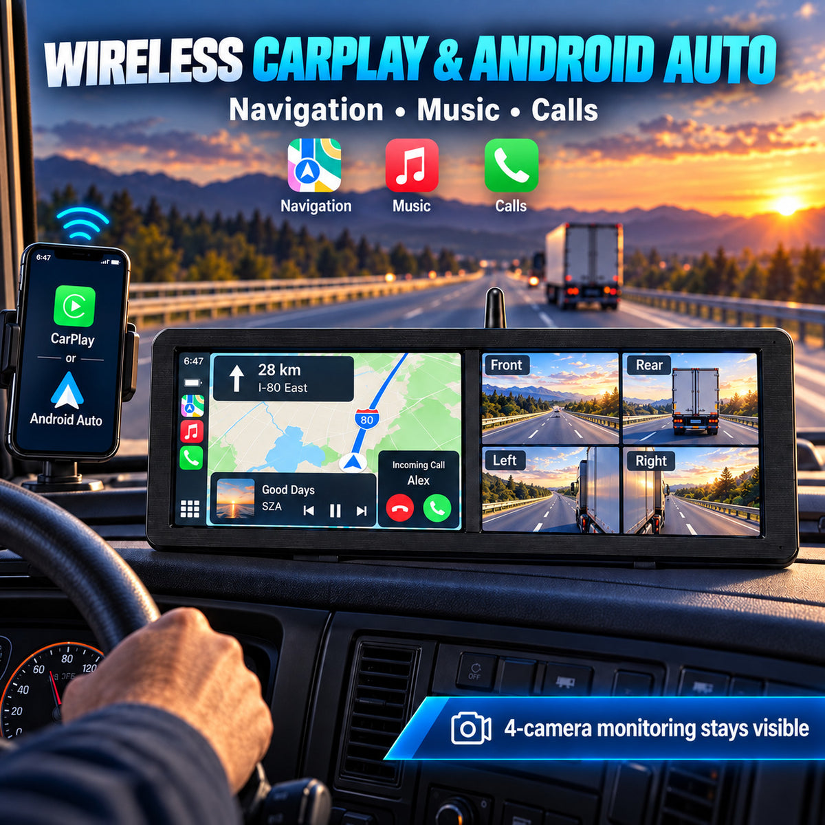 Wireless Apple CarPlay and Android Auto navigation beside four truck camera views