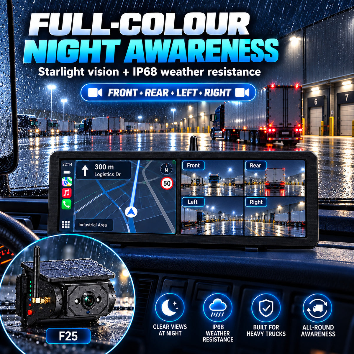 MCNE F25 solar camera system with full-colour night view and IP68 weather resistance