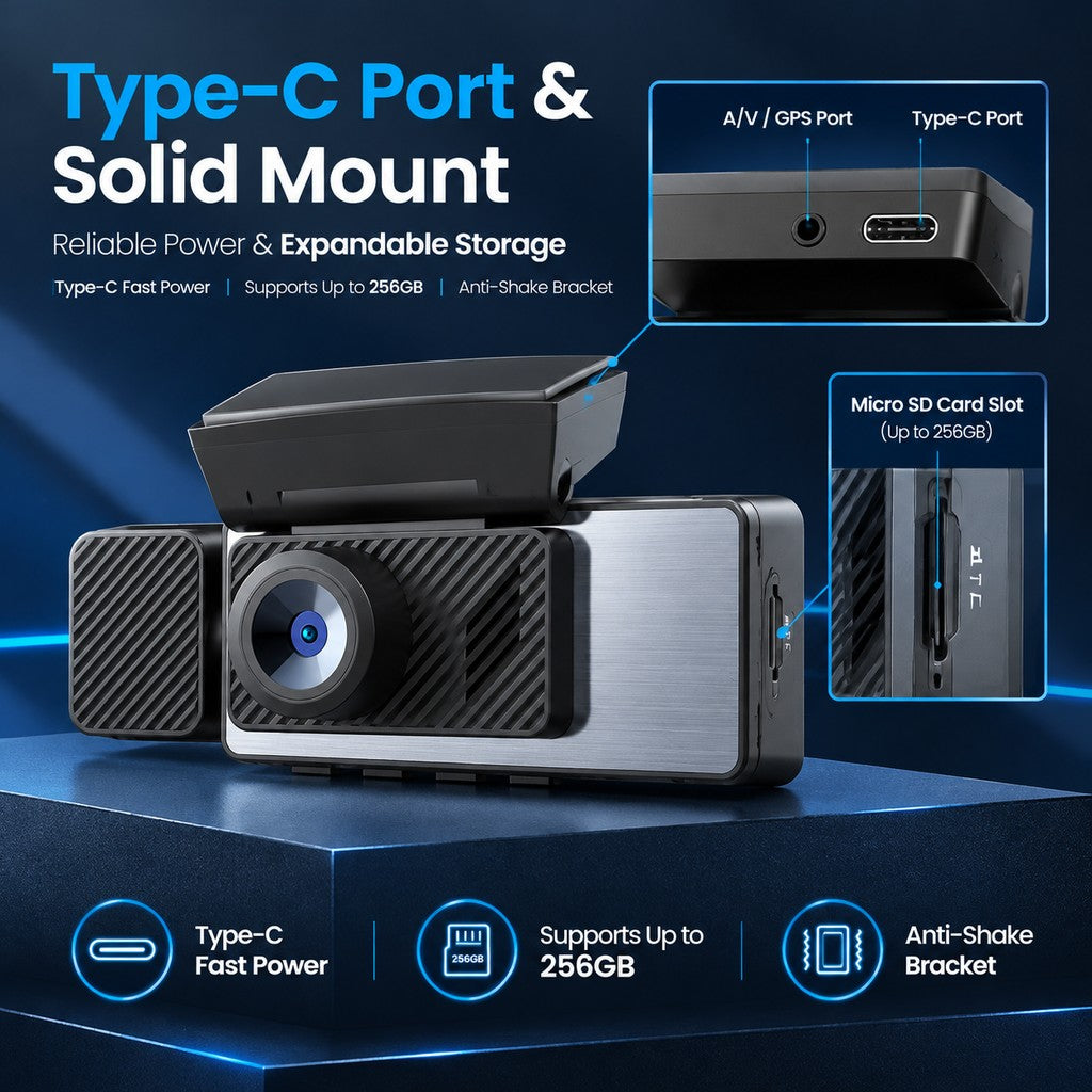 TA-145 Type-C dash cam port, microSD slot and solid anti-shake mount