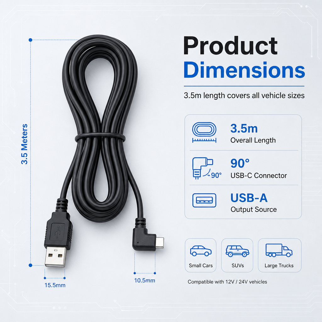 3.5m USB-A to Right-Angle USB-C Type-C Dash Cam Power Cable