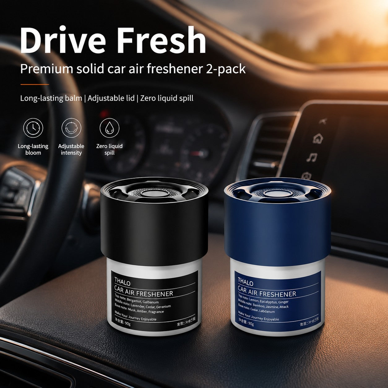 Black and navy adjustable solid car air freshener tins on a car dashboard