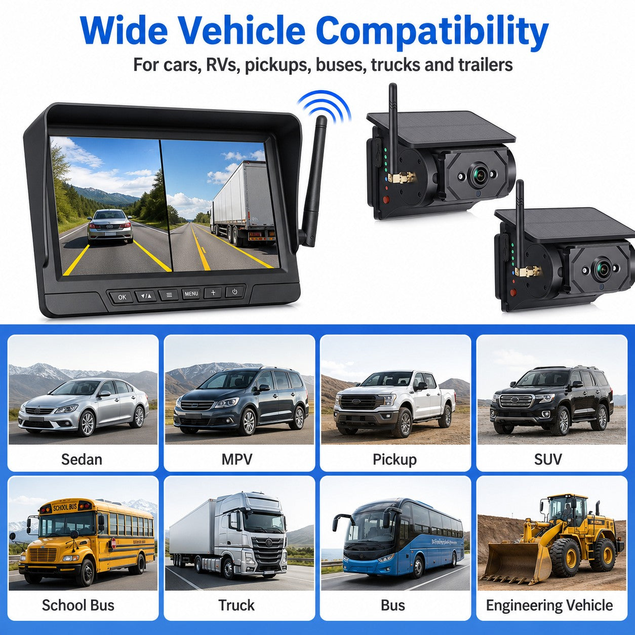 7" Wireless Solar Backup Camera System with 2 Magnetic Cameras for RV Trucks