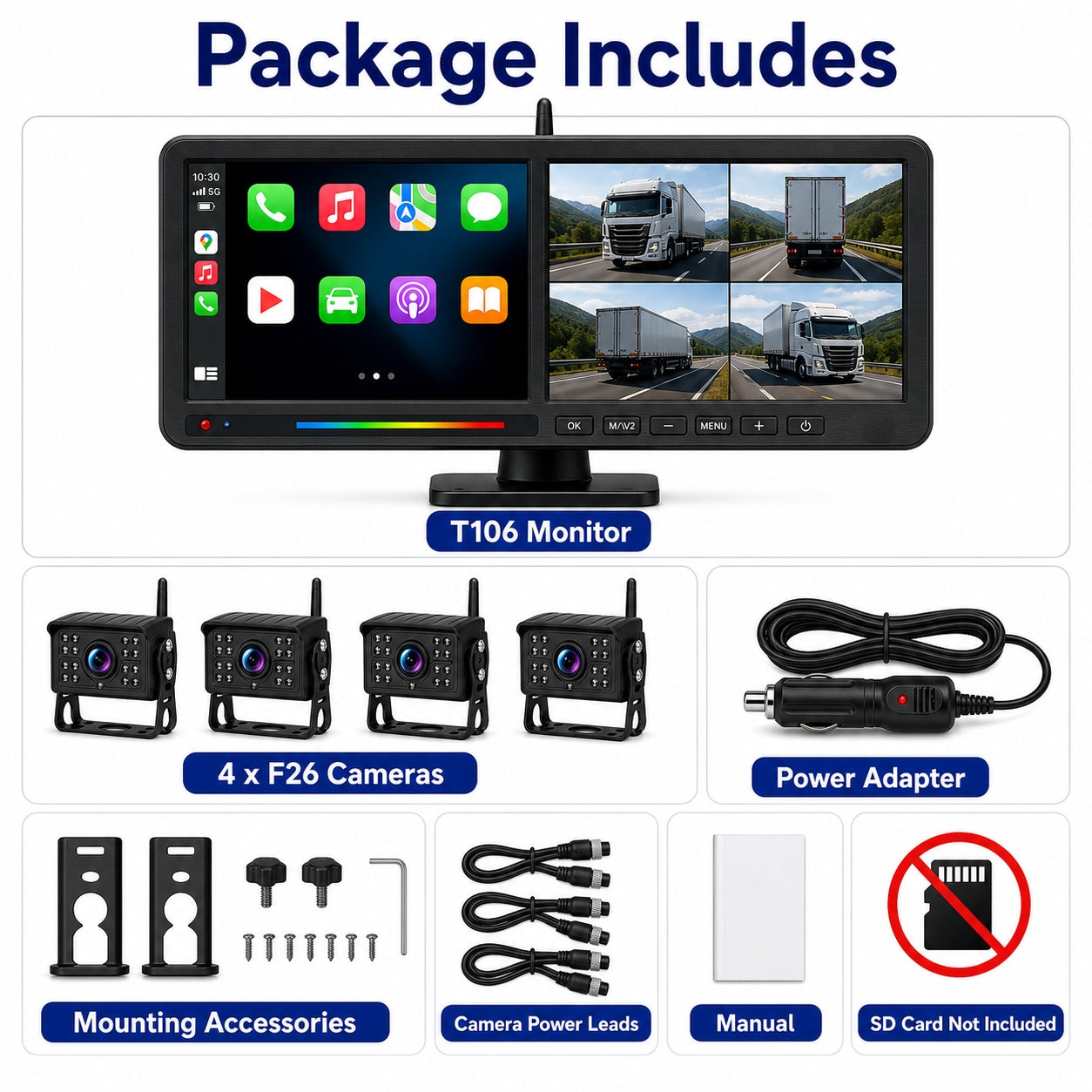 15.88'' 4CH CarPlay Wireless Truck Monitoring System Wi-Fi BSD Alert Night Vision Cameras