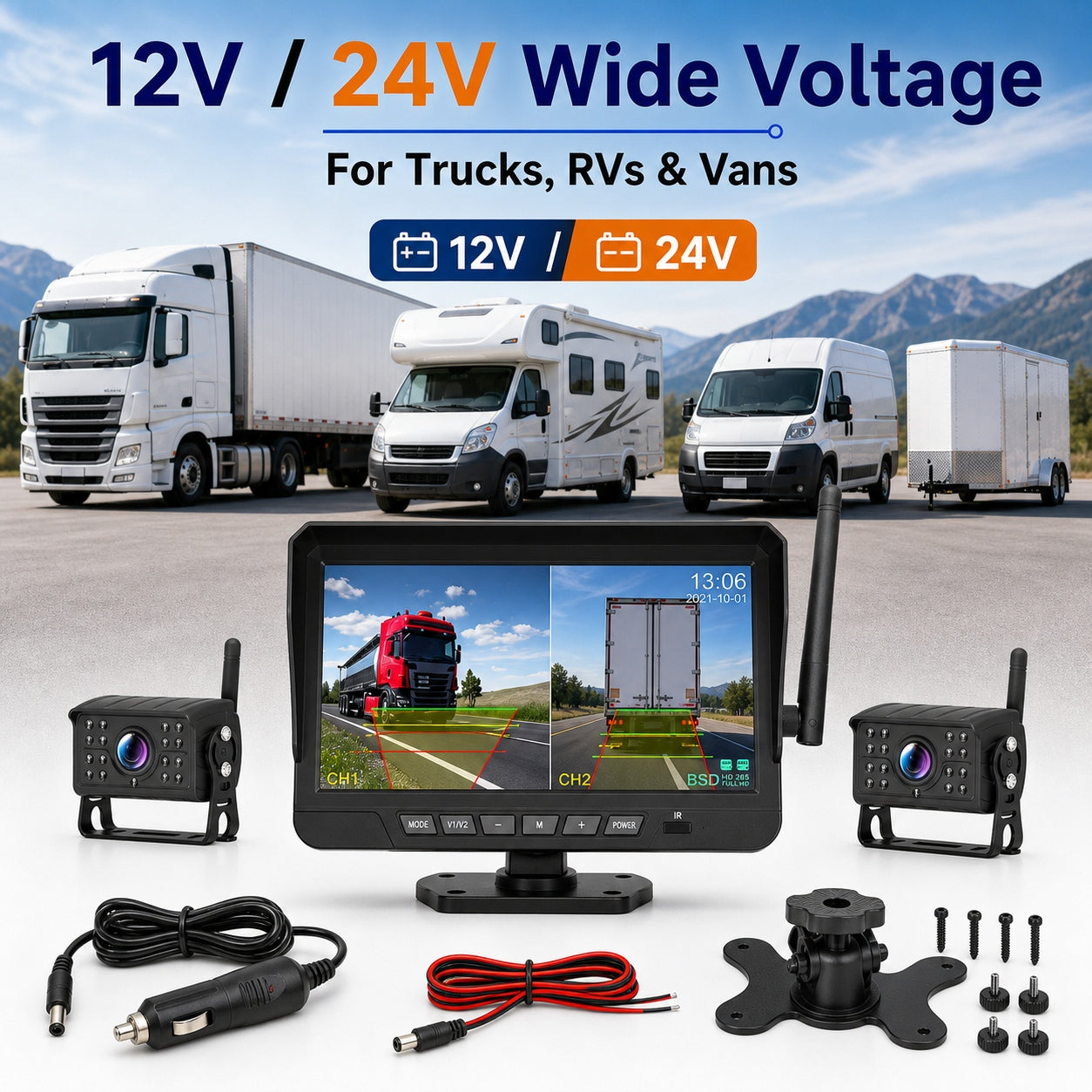 7" Wireless DVR Monitor 2 IR Cameras BSD Alert Rear View Truck RV Kit