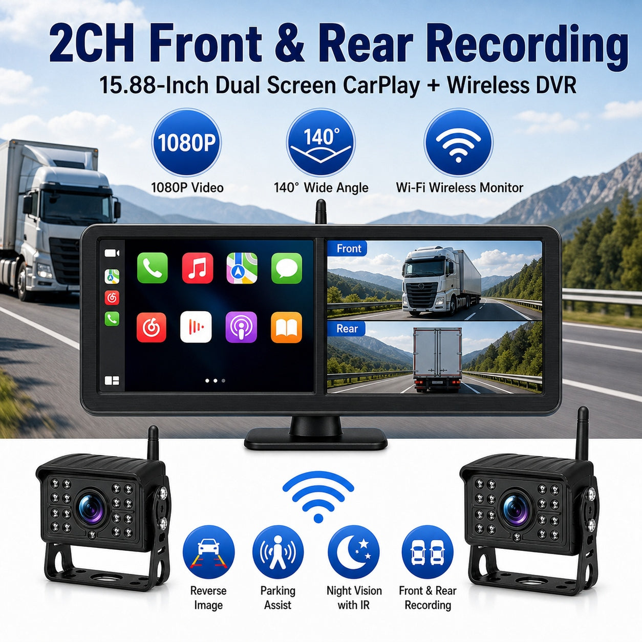 15.88'' Dual Screen Wireless CarPlay Wi-Fi RV Camera System 2CH BSD Infrared Cameras