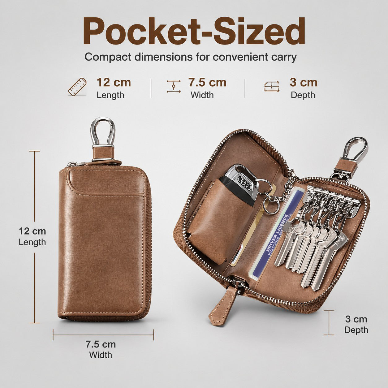 Leather-Look Car Key Organiser Pouch with Zip & Clip – 3 Colours Key Bag – product detail image 9