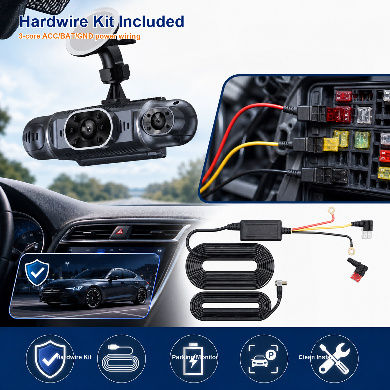 4CH 1080P Full HD WiFi Dash Cameras with GPS Hardwire and 32GB Card
