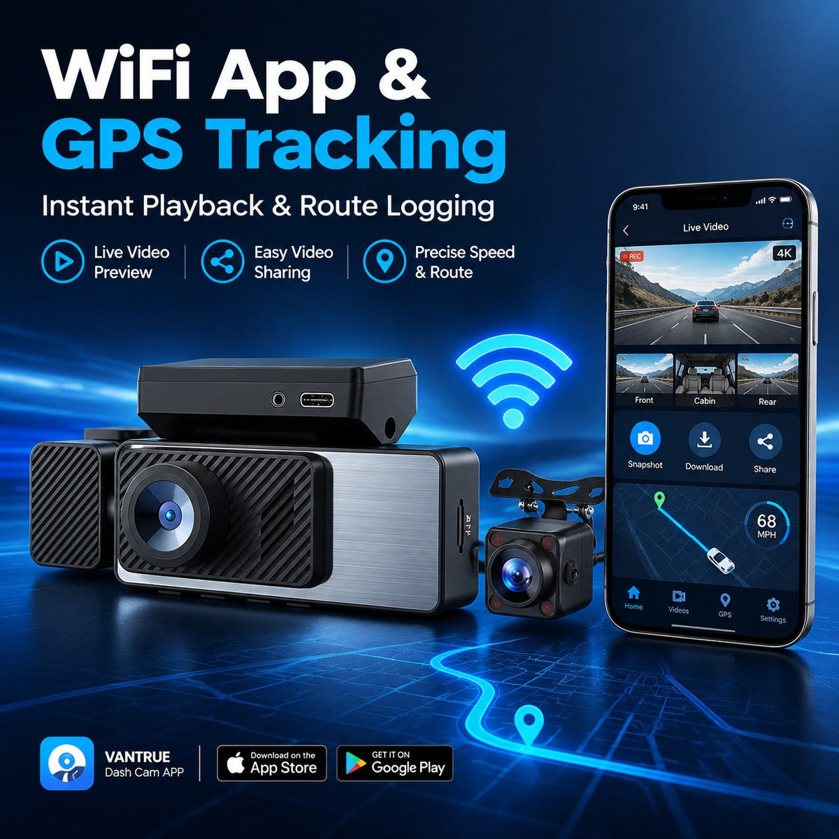TA-145 WiFi app playback and GPS route tracking on a smartphone