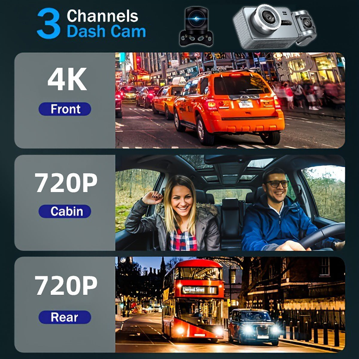 4K Triple Lens Dash Cam WiFi Car DVR Front Cabin Rear Camera with 32GB Card
