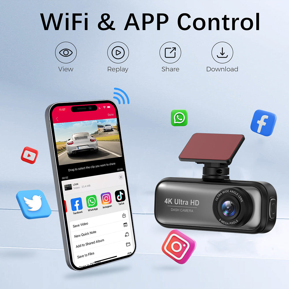 4K Front and Rear Dash Cam WiFi GPS Hardwire Kit 64GB Card