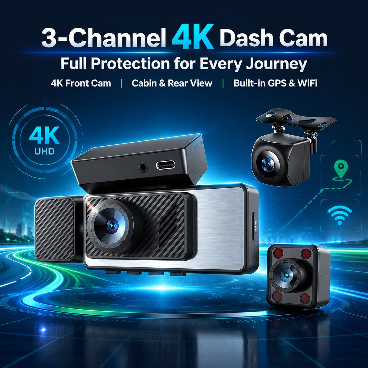 MCNE TA-145 3-channel 4K dash cam with built-in GPS and WiFi