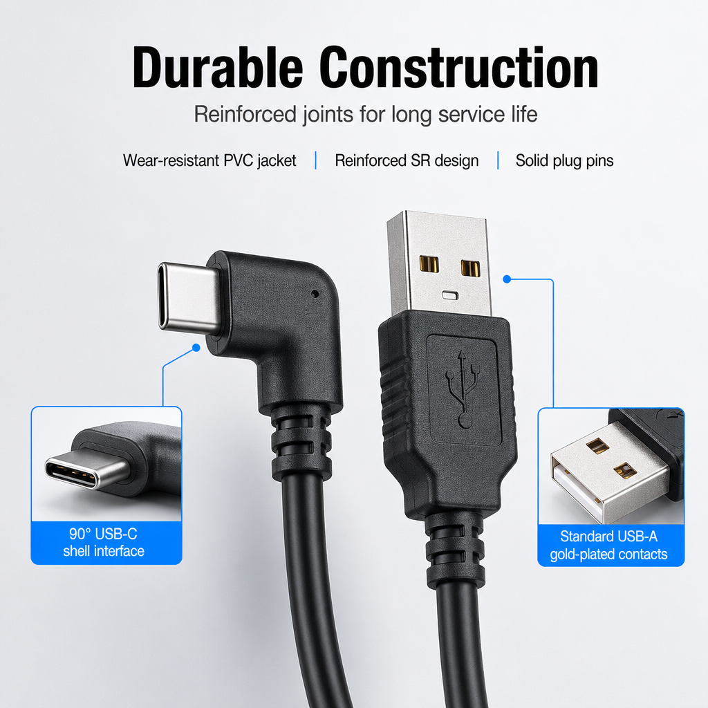 3.5m USB-A to Right-Angle USB-C Type-C Dash Cam Power Cable