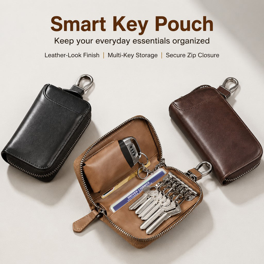 Leather-look zip key organiser pouches in black, tan and brown with clips