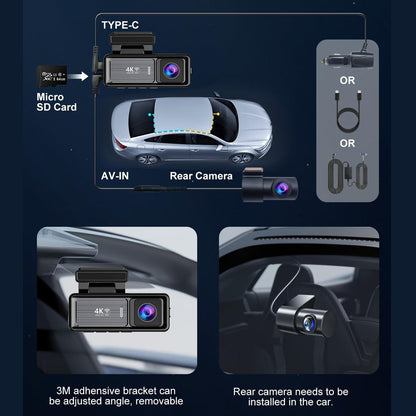 4K Wifi Dash Cam Front, 1080P In-Car Rear Dual Recording with GPS 64GB Card