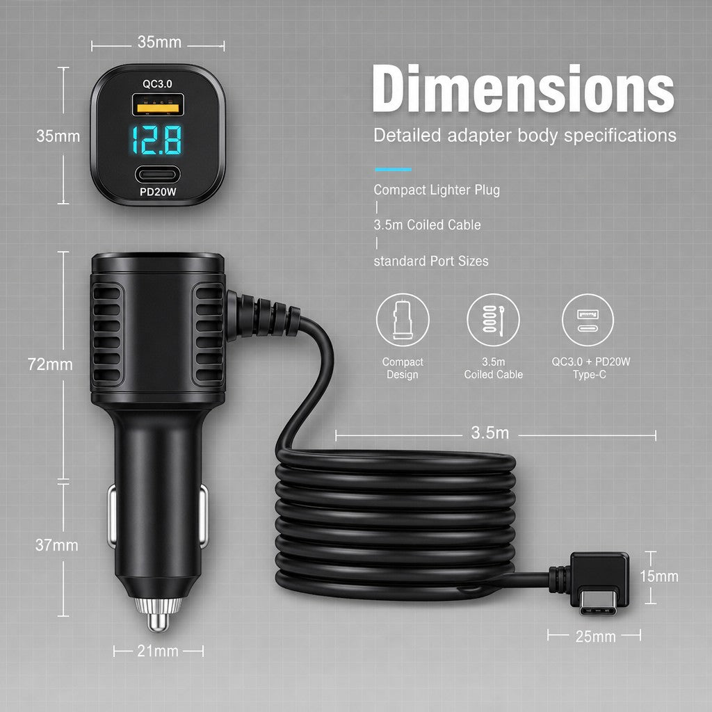 3-Port Dash Cam Car Charger with Voltage Display – QC3.0, PD 20W & 3.5m Right-Angle USB-C Cable