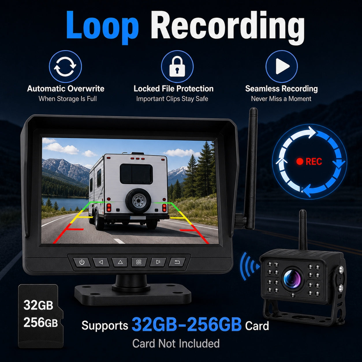 7" Wireless Rear View Camera System DVR RV Trailer Camper Towing