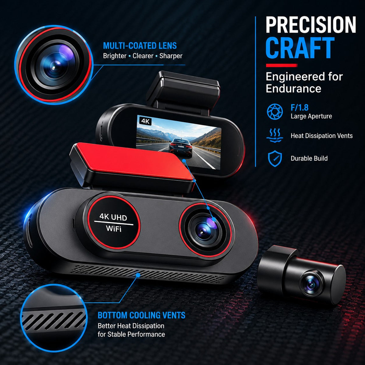 TA-146 F1.8 lens, heat-dissipation vents and durable dash cam body