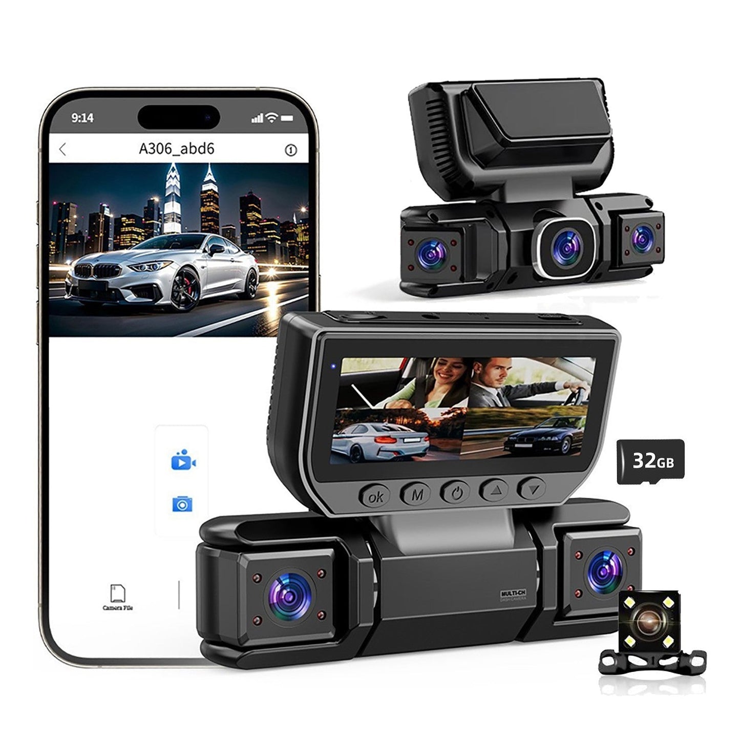 Black 3-camera dash cam with rear camera, 3.5-inch screen, smartphone app and 32GB card