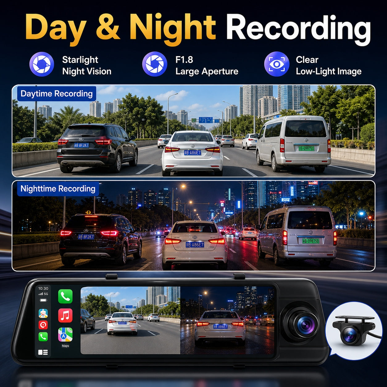 4K Streaming Mirror Wi-Fi Dash Cam with Wireless CarPlay and Android Auto
