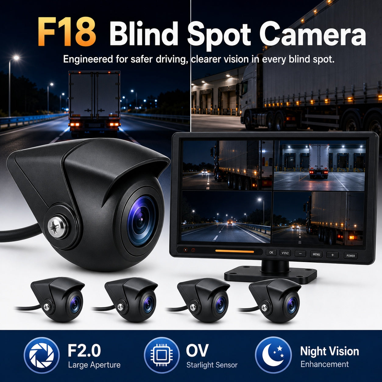 4CH BSD Truck Monitor System MP5 10.1" IPS Touchscreen IP69 Sound-Light Alarm