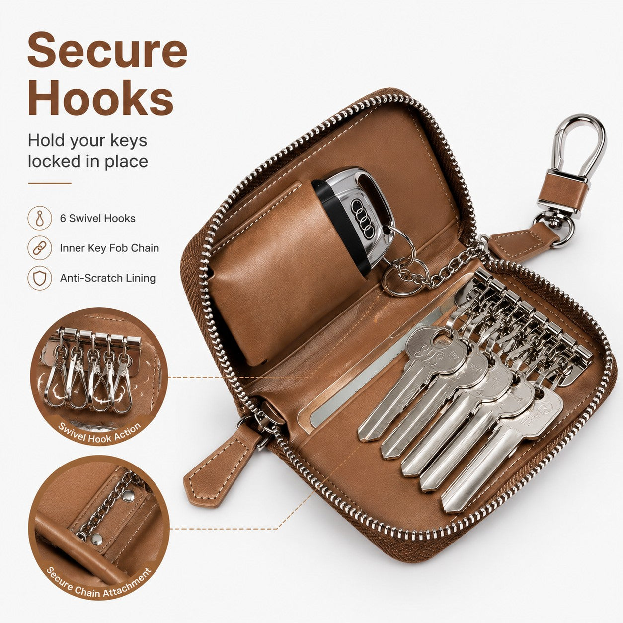 Leather-Look Car Key Organiser Pouch with Zip & Clip – 3 Colours Key Bag – product detail image 8