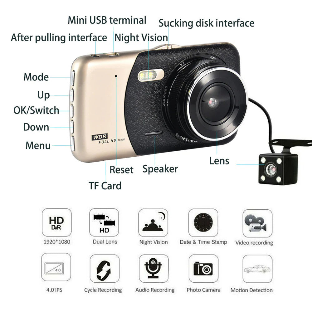 1080P Dual Dash Cam Metal Body Front Rear Camera Loop Recording