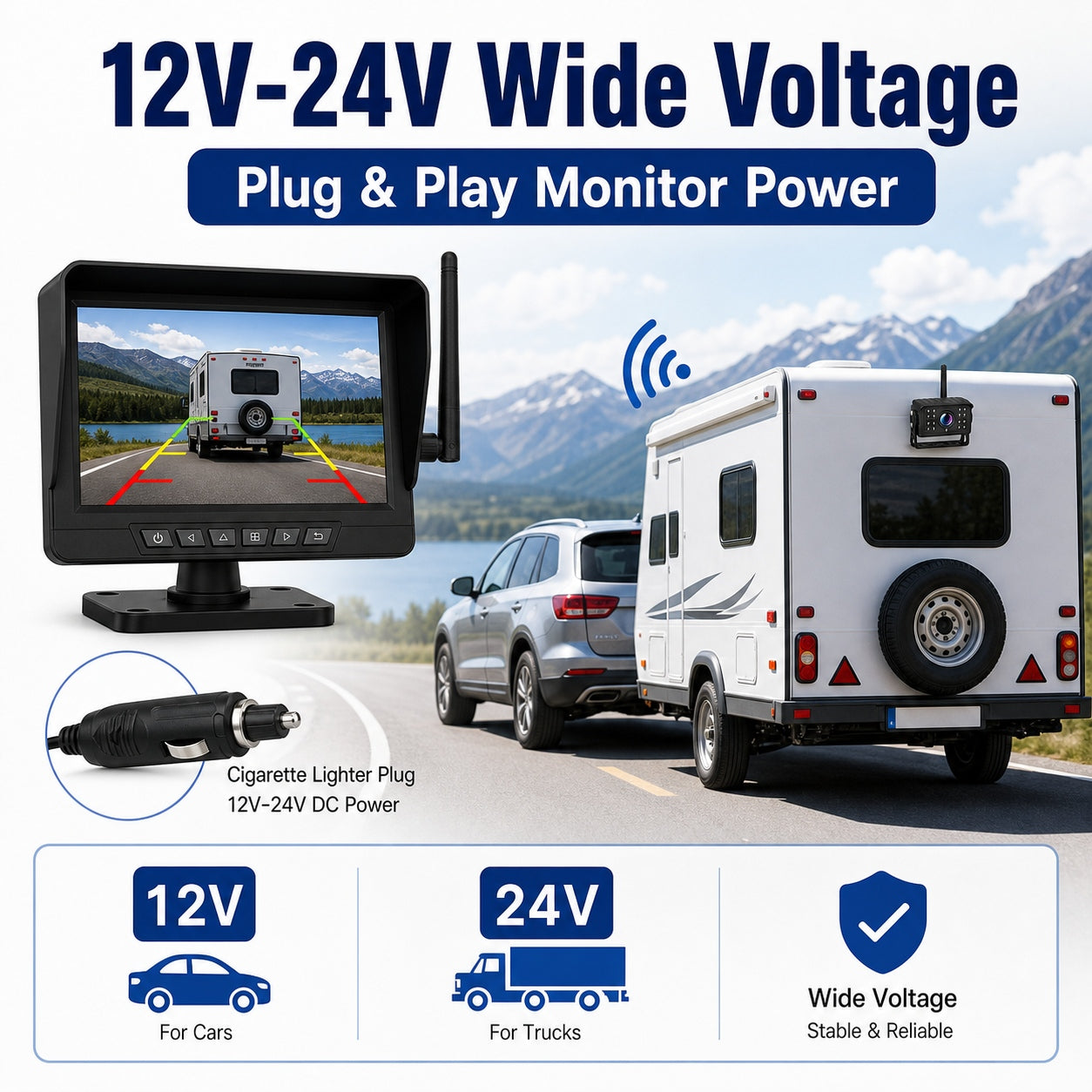 7" Wireless Rear View Camera System DVR RV Trailer Camper Towing