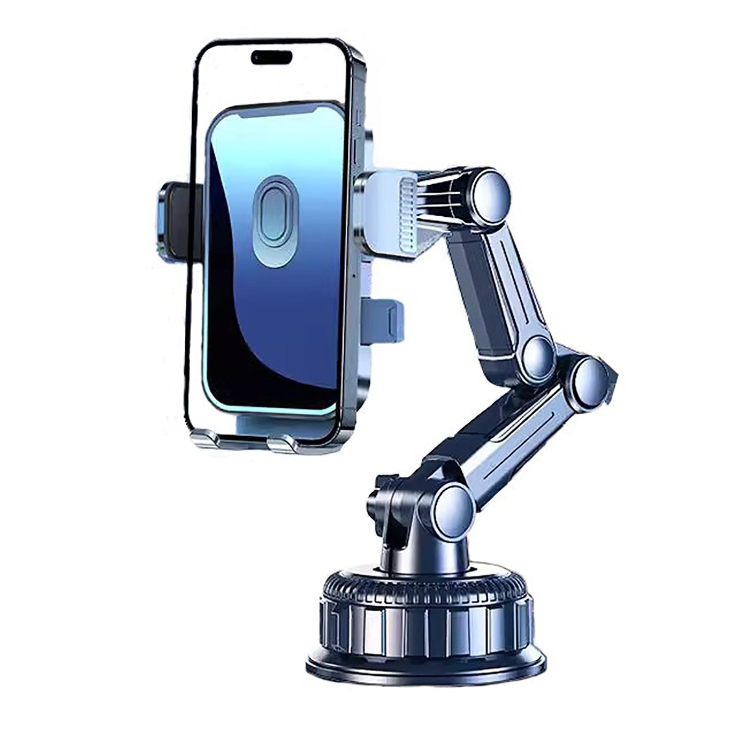 Black long-arm phone mount with smartphone holder and large suction-cup base