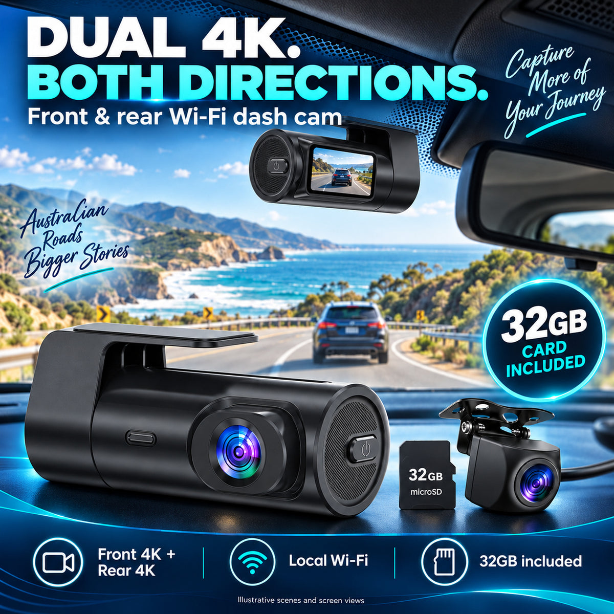 MCNE dual 4K front and rear Wi-Fi dash cam with included 32GB card and illustrative windscreen installation.
