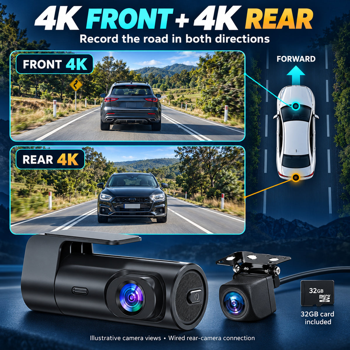 MCNE front 4K and rear 4K dash camera views with wired rear-camera connection and included 32GB card.