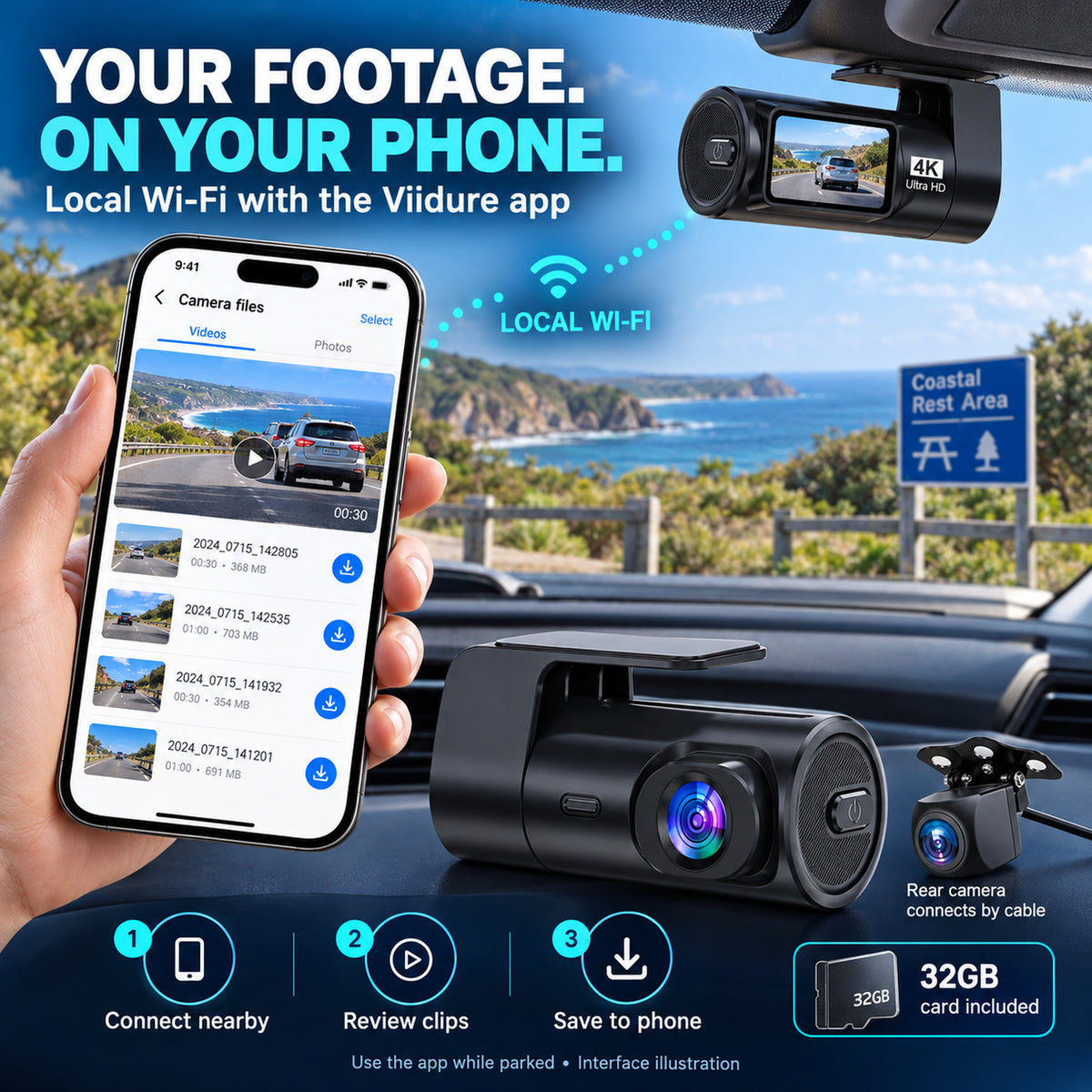 Viidure local Wi-Fi connection for nearby phone playback and downloads; MCNE rear camera connects by cable.