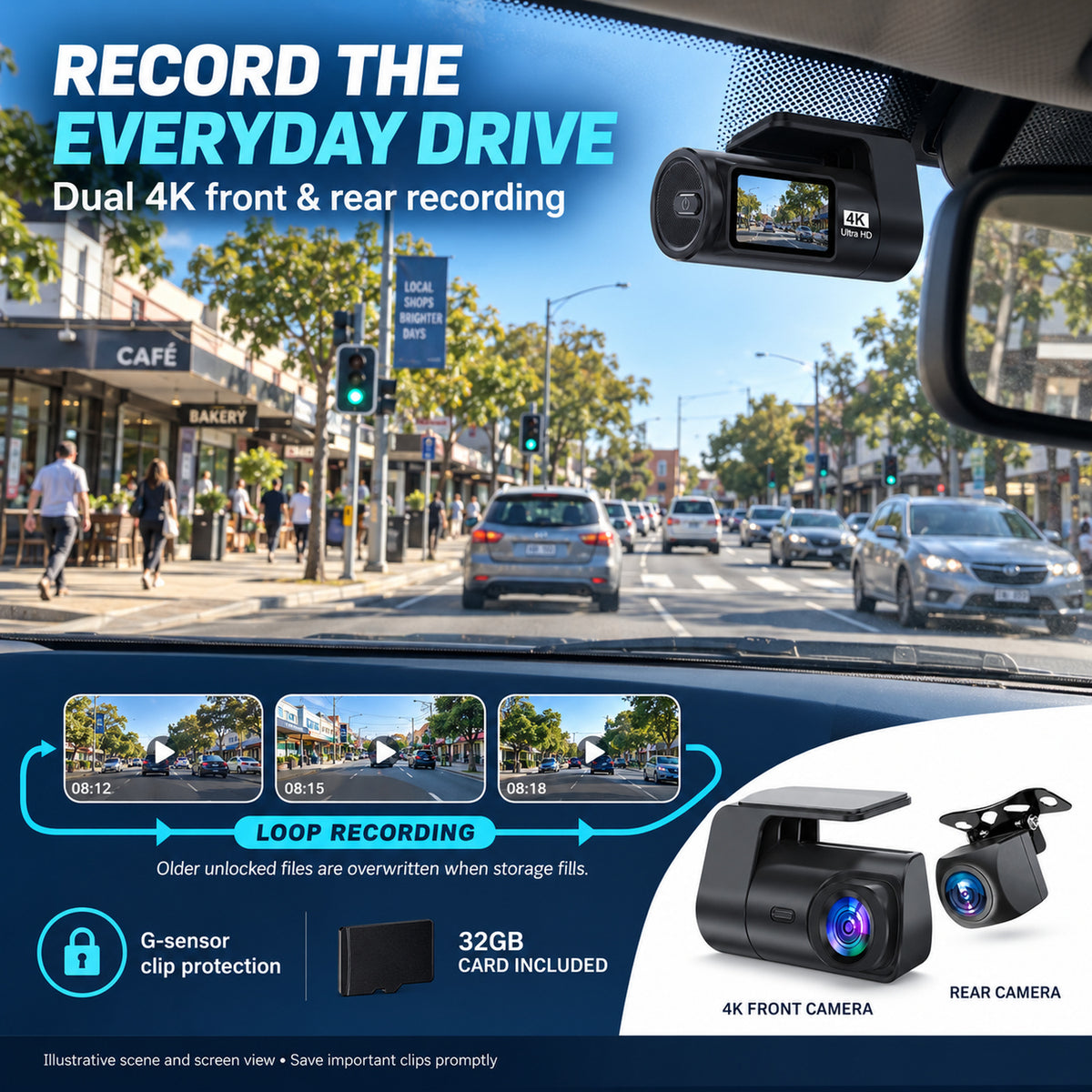 MCNE dual 4K dash camera for daily driving with loop recording, G-sensor clip protection and 32GB card.