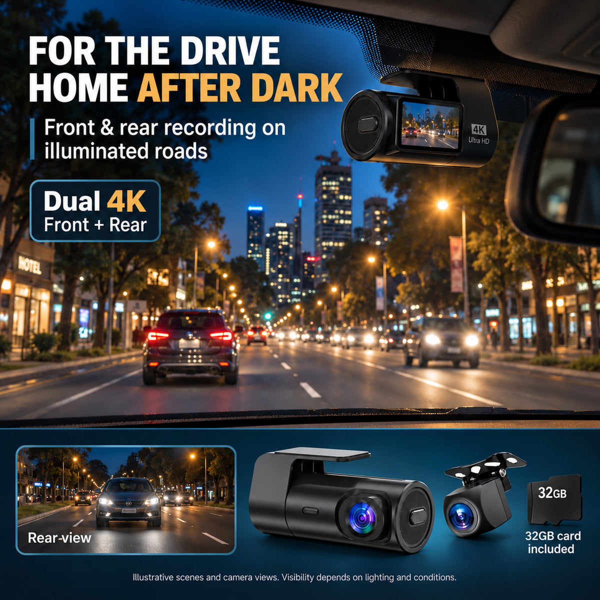 Illustrative evening driving scene with MCNE front and rear dash cameras and included 32GB card.