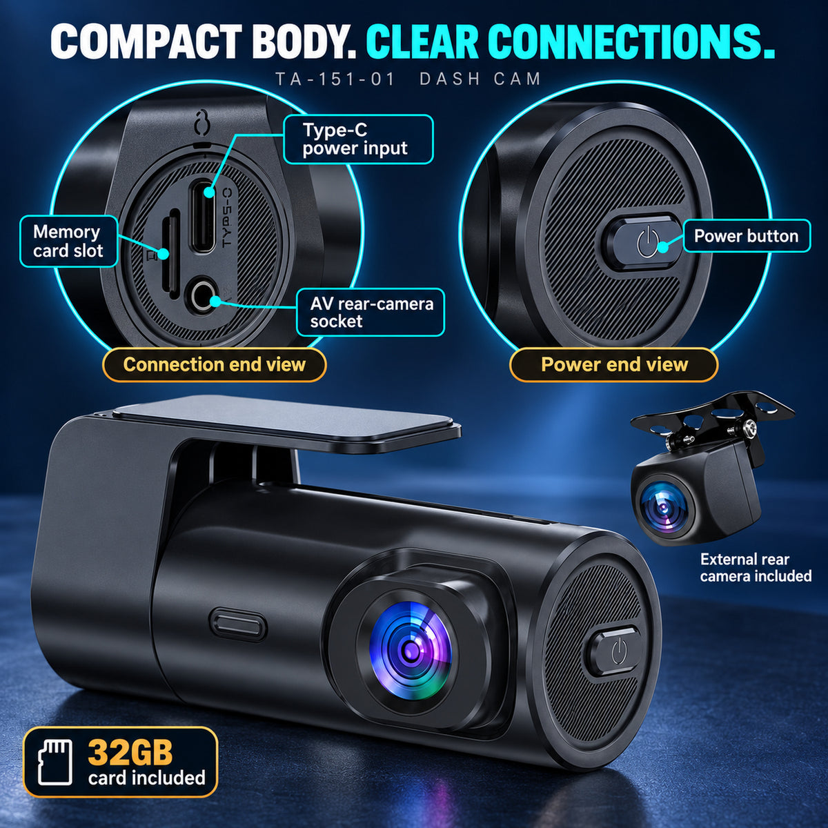 MCNE dash recorder Type-C power input, microSD slot, AV wired rear-camera socket and power button.
